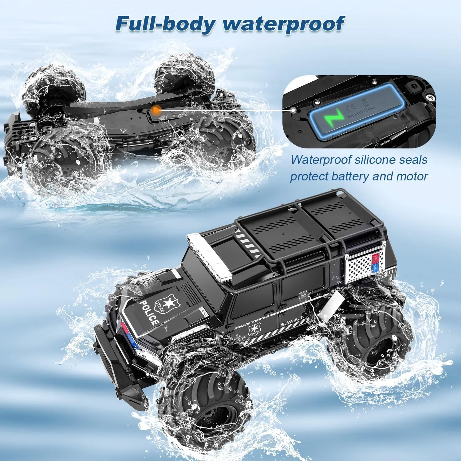 1:14 RC Truck 4X4 Waterproof Off Road RC Police Car Fast RC Cars for Adults All Terrain RC Crawler for Boys Girls 6 7 8 9 10 11 12 Years Old Gift (Black)