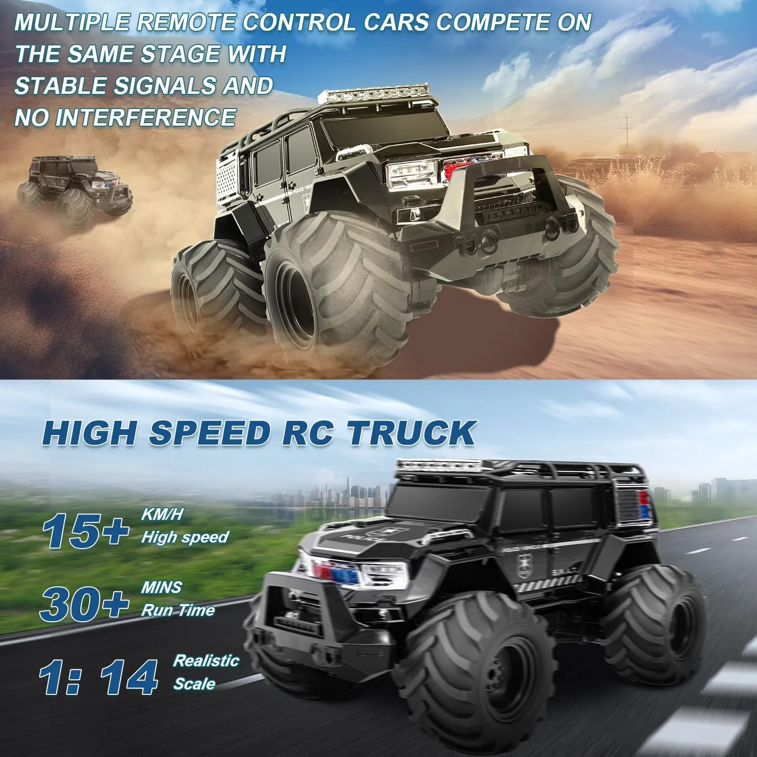 1:14 RC Truck 4X4 Waterproof Off Road RC Police Car Fast RC Cars for Adults All Terrain RC Crawler for Boys Girls 6 7 8 9 10 11 12 Years Old Gift (Black)