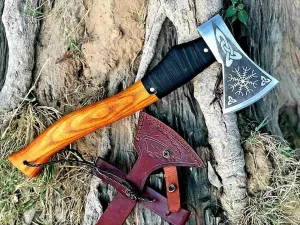 12 Inches Length || Carbon Steel Viking Axe || Viking Axe || Bearded Axe || Wooden Handle || Engraved Design Axe || Medieval Style || Collectible Axe || Leather Sheath.