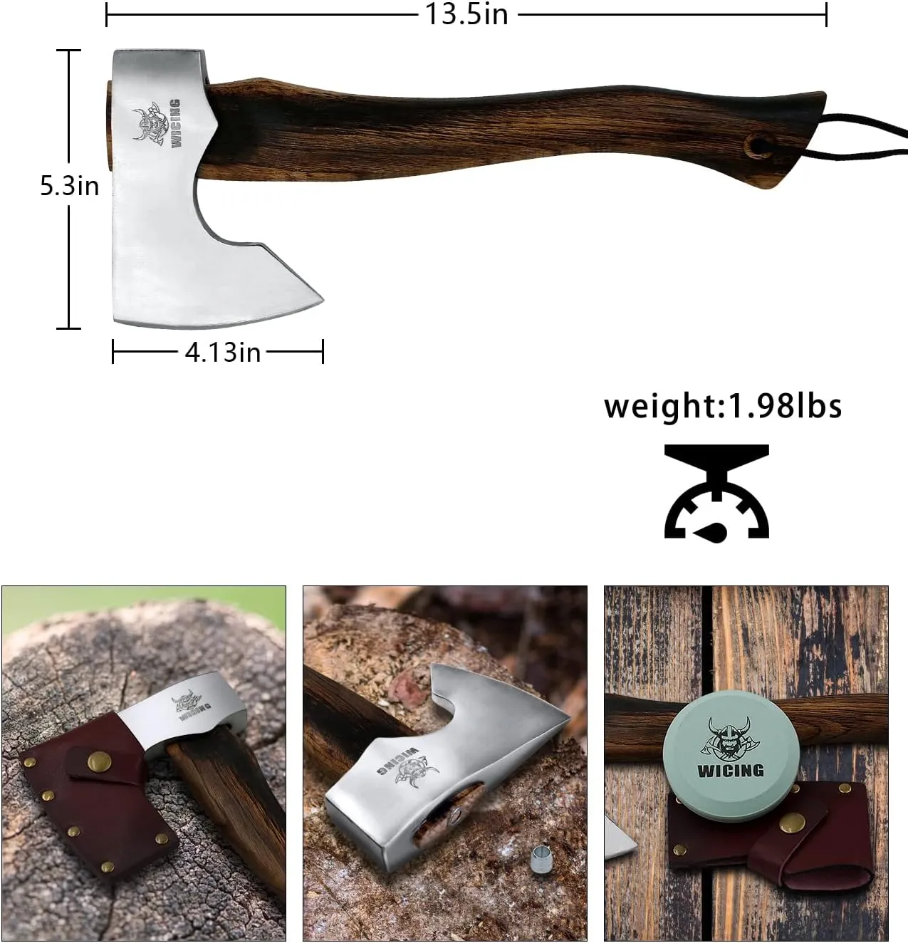 13.5 Inch Hatchet, Camping Axe 1055 Carbon Steel and Beech Handle, Survival Hatchet with Leather Sheath for Wood Splitting and Kindling