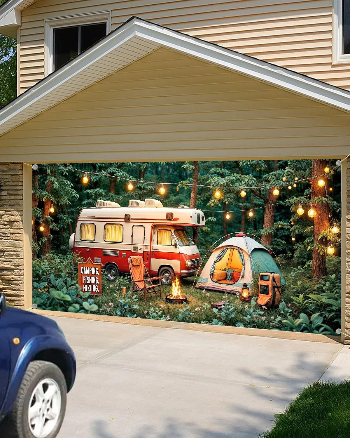 16X7FT Camping Garage Door Banner Cover Forest Scene Campfire Camper Tent Theme Party Garage Door Decorations Backdrop Camping Holiday Outdoor Party Decor
