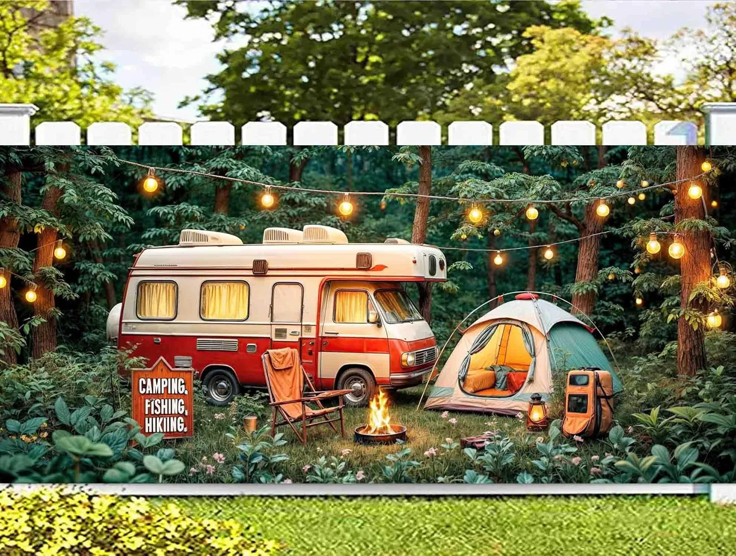 16X7FT Camping Garage Door Banner Cover Forest Scene Campfire Camper Tent Theme Party Garage Door Decorations Backdrop Camping Holiday Outdoor Party Decor