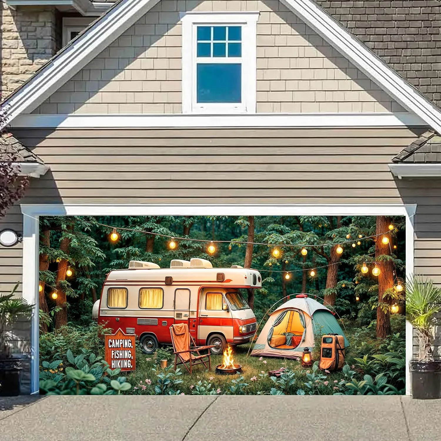 16X7FT Camping Garage Door Banner Cover Forest Scene Campfire Camper Tent Theme Party Garage Door Decorations Backdrop Camping Holiday Outdoor Party Decor