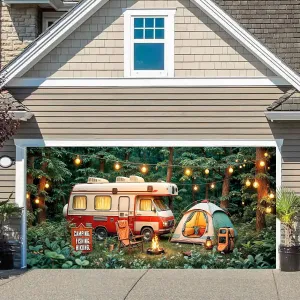 16X7FT Camping Garage Door Banner Cover Forest Scene Campfire Camper Tent Theme Party Garage Door Decorations Backdrop Camping Holiday Outdoor Party Decor