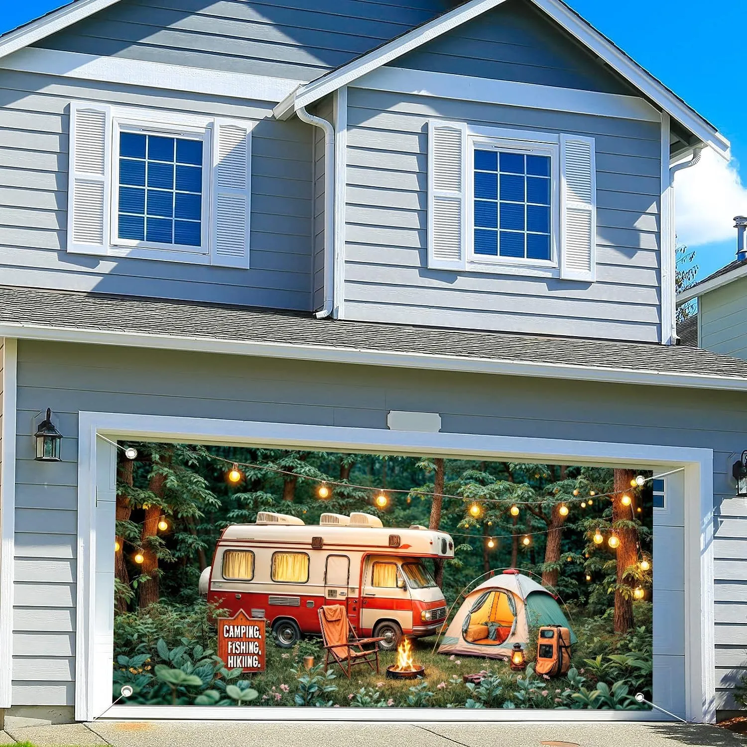 16X7FT Camping Garage Door Banner Cover Forest Scene Campfire Camper Tent Theme Party Garage Door Decorations Backdrop Camping Holiday Outdoor Party Decor