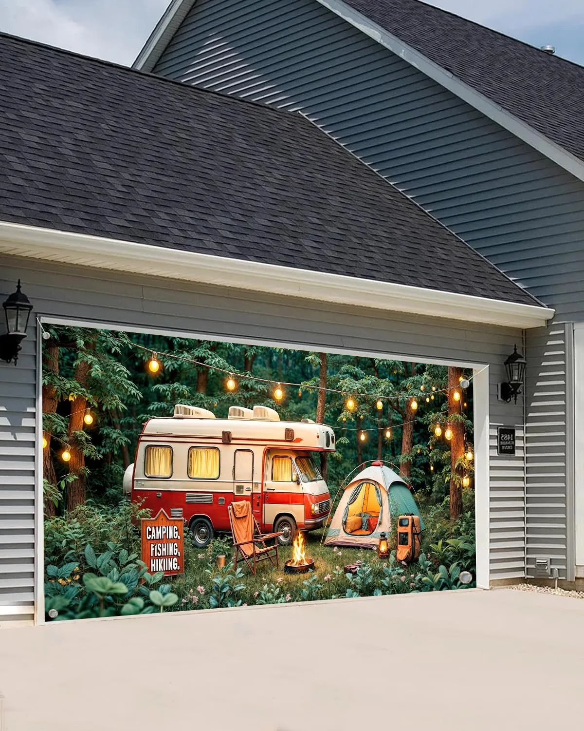 16X7FT Camping Garage Door Banner Cover Forest Scene Campfire Camper Tent Theme Party Garage Door Decorations Backdrop Camping Holiday Outdoor Party Decor