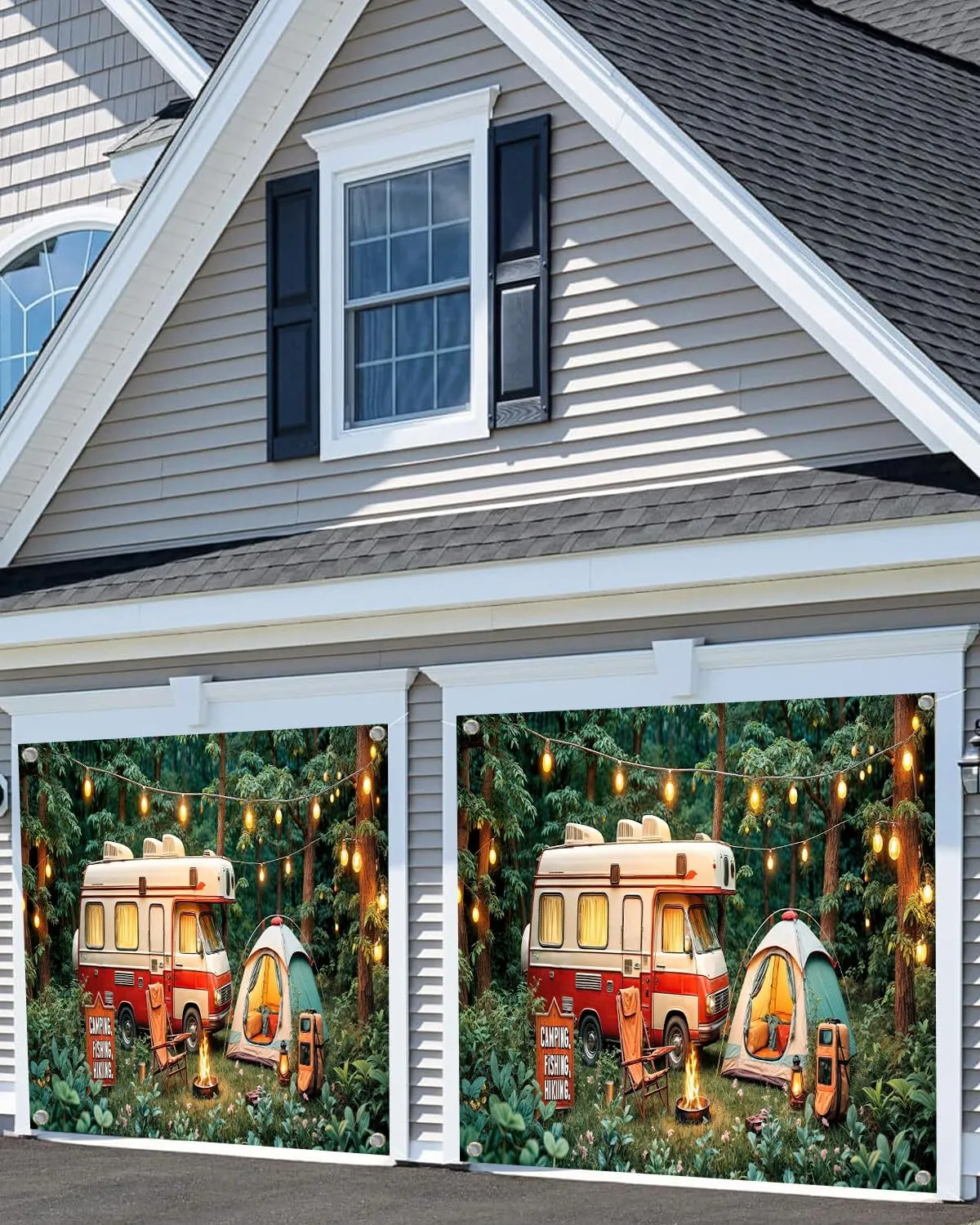 16X7FT Camping Garage Door Banner Cover Forest Scene Campfire Camper Tent Theme Party Garage Door Decorations Backdrop Camping Holiday Outdoor Party Decor