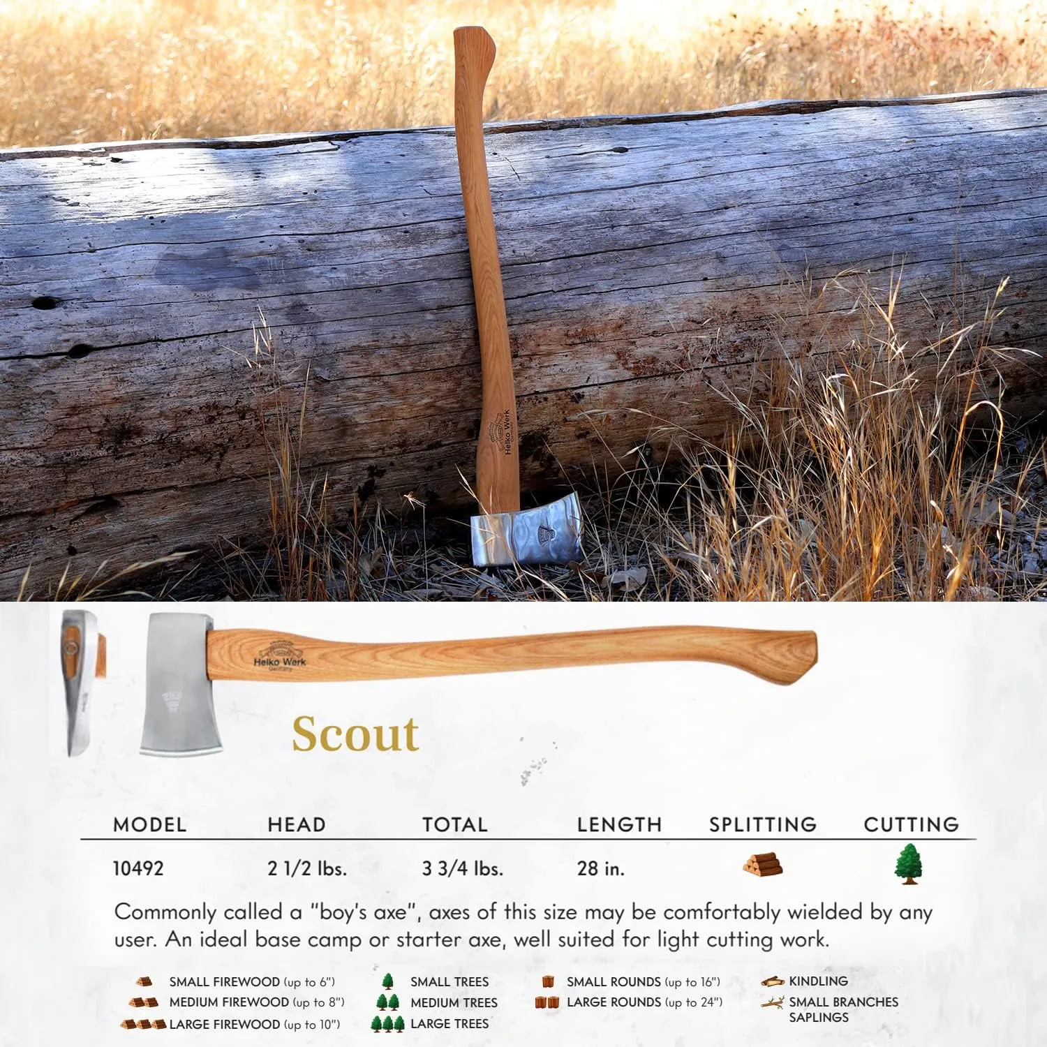 1844 Helko Werk Germany Classic Scout Axe - Made in Germany Felling Axe, Cutting Axe, Camping Axe, for felling trees, cutting wood, splitting camp firewood - Head 2.5 lbs, Handle 28 in. (Scout) #10492