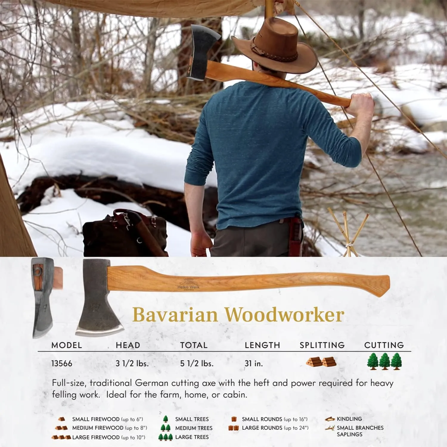 1844 Helko Werk Germany Traditional Bavarian Woodworker Axe - Made in Germany Heavy Duty Felling Axe and Cutting Axe, Large German Forest Axe - Head 3.5 lbs, Handle 31 in. (Bavarian) #13566