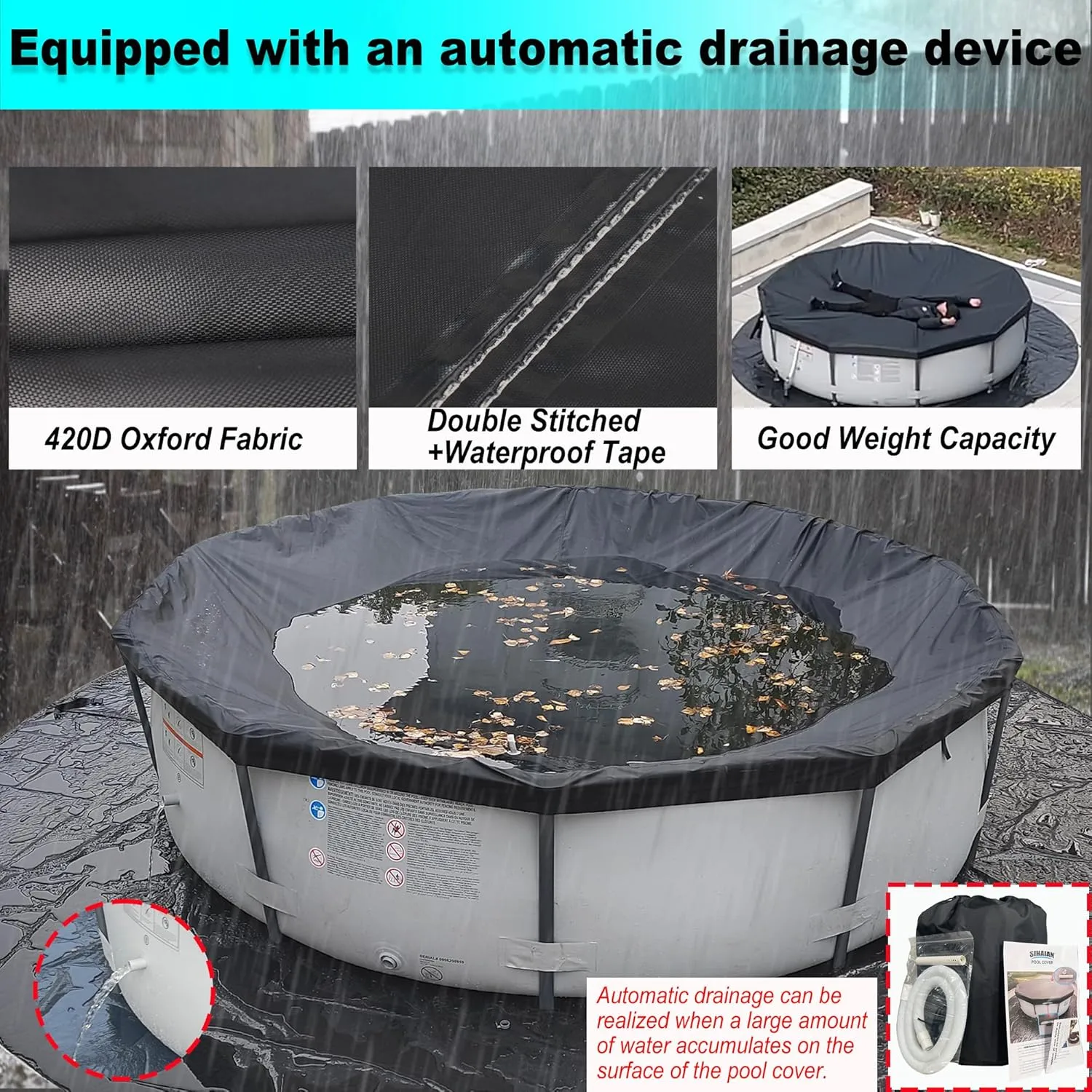 19 Ft Pool Cover, with Automatic Drain Round Pool Cover, One-Piece Quick Installation and Removal Above Ground Pool Cover, Preventing Waterlogging, UV Protected Solar Swimming Pool Cover