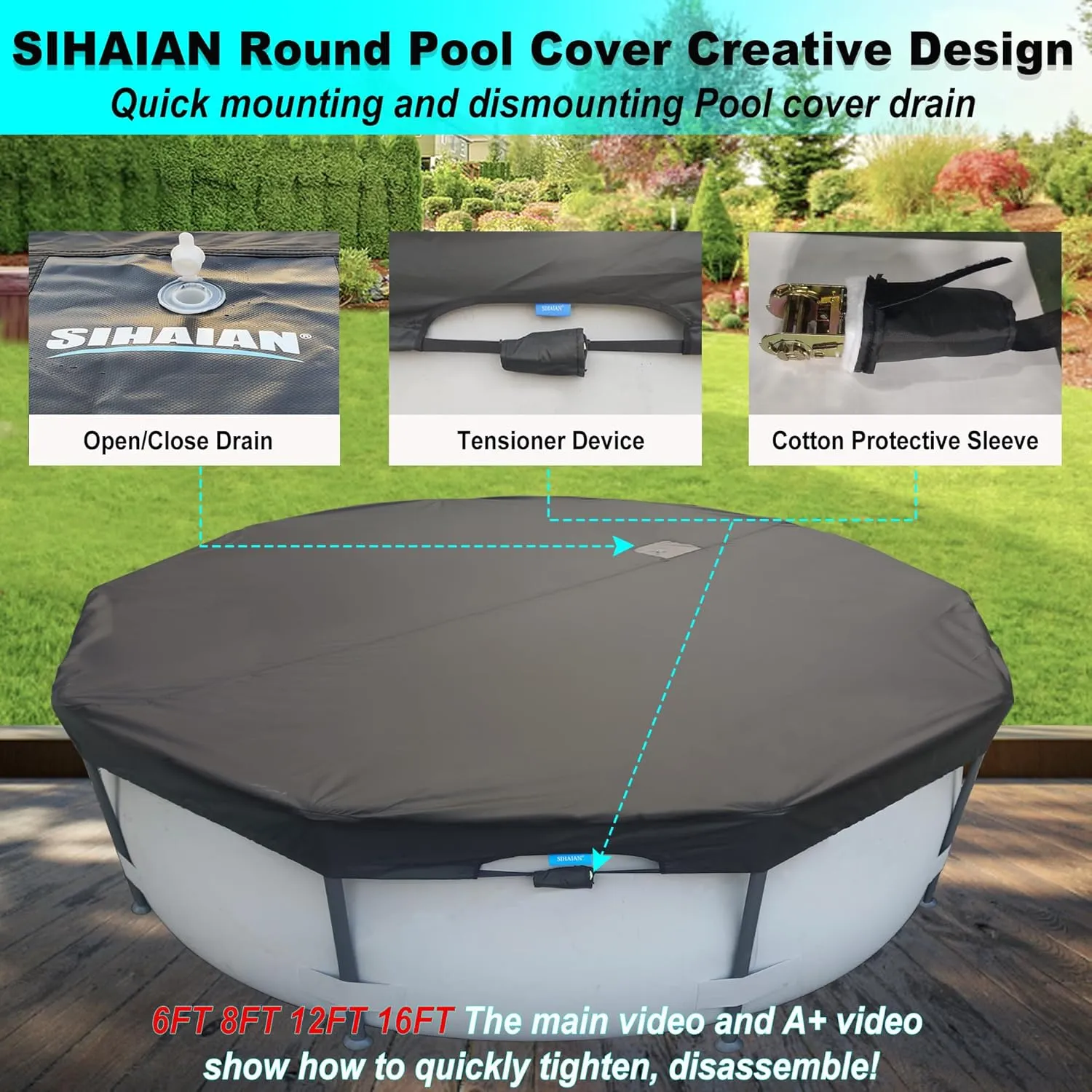 19 Ft Pool Cover, with Automatic Drain Round Pool Cover, One-Piece Quick Installation and Removal Above Ground Pool Cover, Preventing Waterlogging, UV Protected Solar Swimming Pool Cover