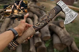 19” Hand Forged Viking Axe- Ash Wood Shaft Engraved Carbon Steel Bearded Axe for Camping- Viking Gift for Men(Norse Viking Axe), Blaack, ISU564ZA