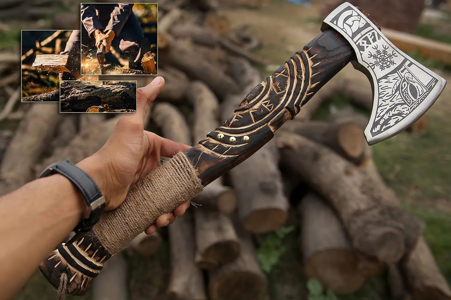 19” Hand Forged Viking Axe- Ash Wood Shaft Engraved Carbon Steel Bearded Axe for Camping- Viking Gift for Men(Norse Viking Axe), Blaack, ISU564ZA