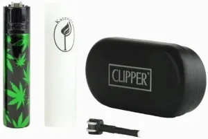 1X Clipper Metal Lighter Large (CP11) Only - Green Leaves Pattern On Black Color - Bundles with Silicone Sleeve & Extra Flint System