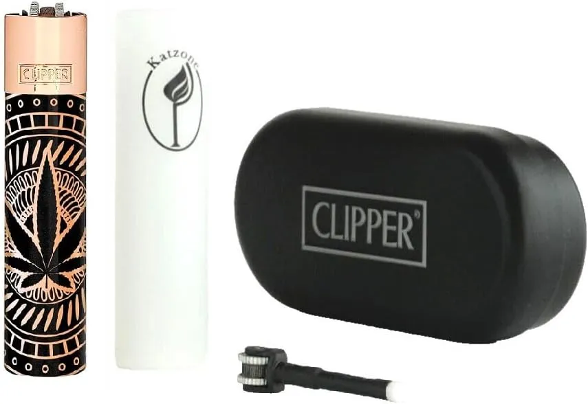 1X Clipper Metal Lighter Large(CP11) Only - Shiny Rose Gold/Premium Leaves Pattern   Bundles with KATZONE Silicone Sleeve   Extra Flint System