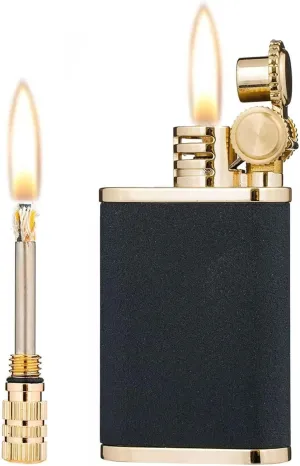 2 in 1 Lighetr Permanent Match Flint Wheel Kerosene Lighter, Fluid Refillable Copper Vintage Trench Lighters (Color : Black)