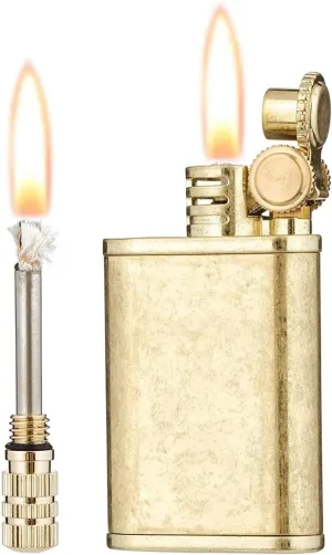 2 in 1 Lighetr Permanent Match Flint Wheel Kerosene Lighter, Fluid Refillable Copper Vintage Trench Lighters (Color : Gold)