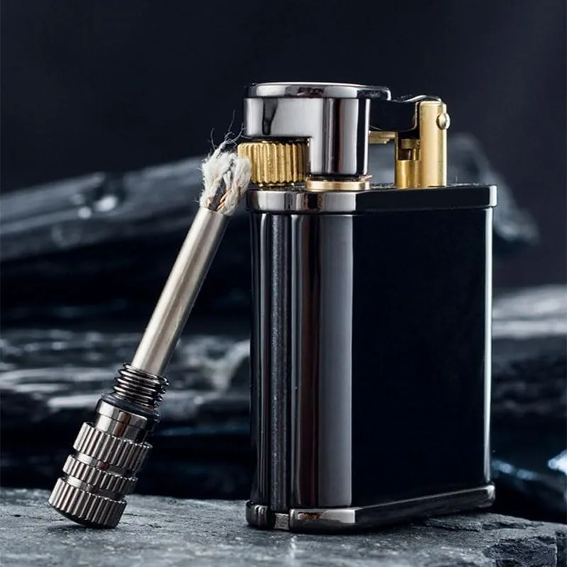 2 in 1 Vintage Kerosene Lighter Permanent Match Lighter Trench Lighter Soft Flame Antique Brass Rocker Arm Flint Wheel Cool Kerosene Lighter Classic Gift for Men(Gold)