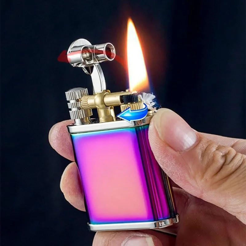 2 in 1 Vintage Kerosene Lighter Permanent Match Lighter Trench Lighter Soft Flame Antique Brass Rocker Arm Flint Wheel Cool Kerosene Lighter Classic Gift for Men(Gold)
