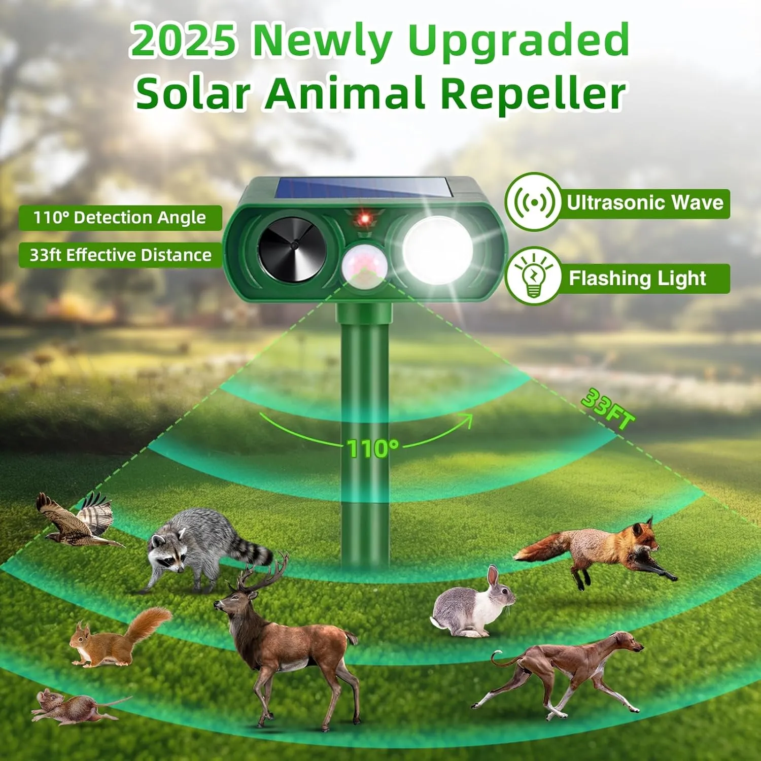 2 Pack 2025 Solar Ultrasonic Repellent Outdoor Cat Squirrel Rabbit Deer Repellent Devices Skunk Repellent for Yard,Animal Deterrent Motion Detection Flash Light for Racoon Dog Rodent Mole