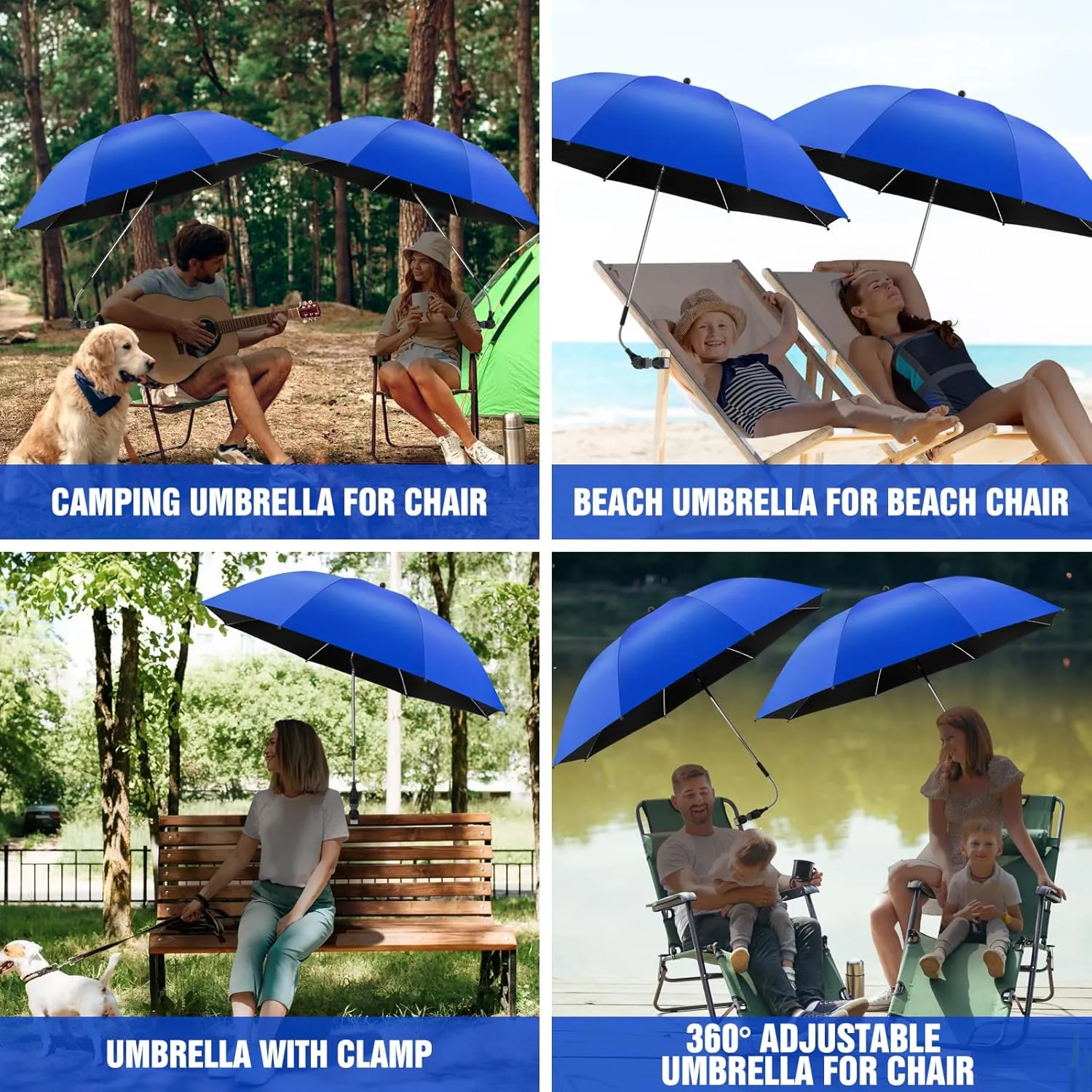 2 PACK Beach Umbrella with Clamp, 360 ° Adjustable Umbrellas for Chair, UPF50  Umbrella for Beach Chair, Patio Chair, Wheelchair, Camping Chair, Golf Carts (Chair Not Included)
