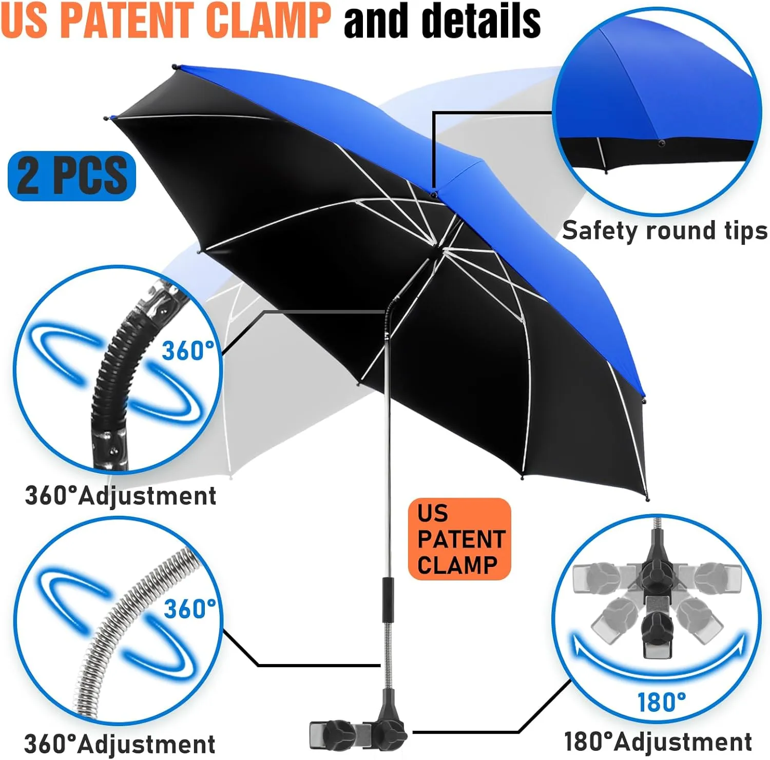 2 PACK Beach Umbrella with Clamp, 360 ° Adjustable Umbrellas for Chair, UPF50  Umbrella for Beach Chair, Patio Chair, Wheelchair, Camping Chair, Golf Carts (Chair Not Included)