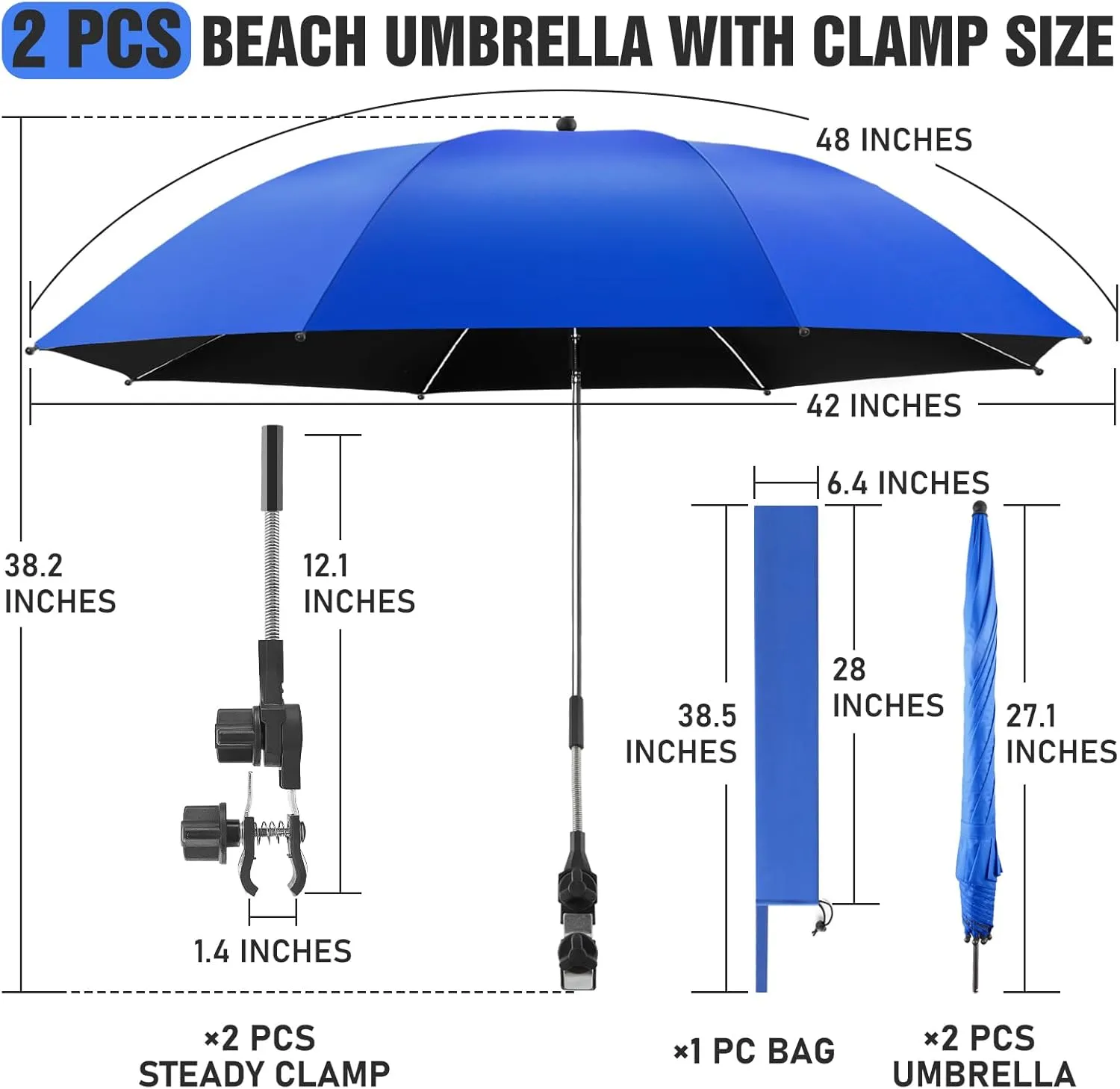 2 PACK Beach Umbrella with Clamp, 360 ° Adjustable Umbrellas for Chair, UPF50  Umbrella for Beach Chair, Patio Chair, Wheelchair, Camping Chair, Golf Carts (Chair Not Included)