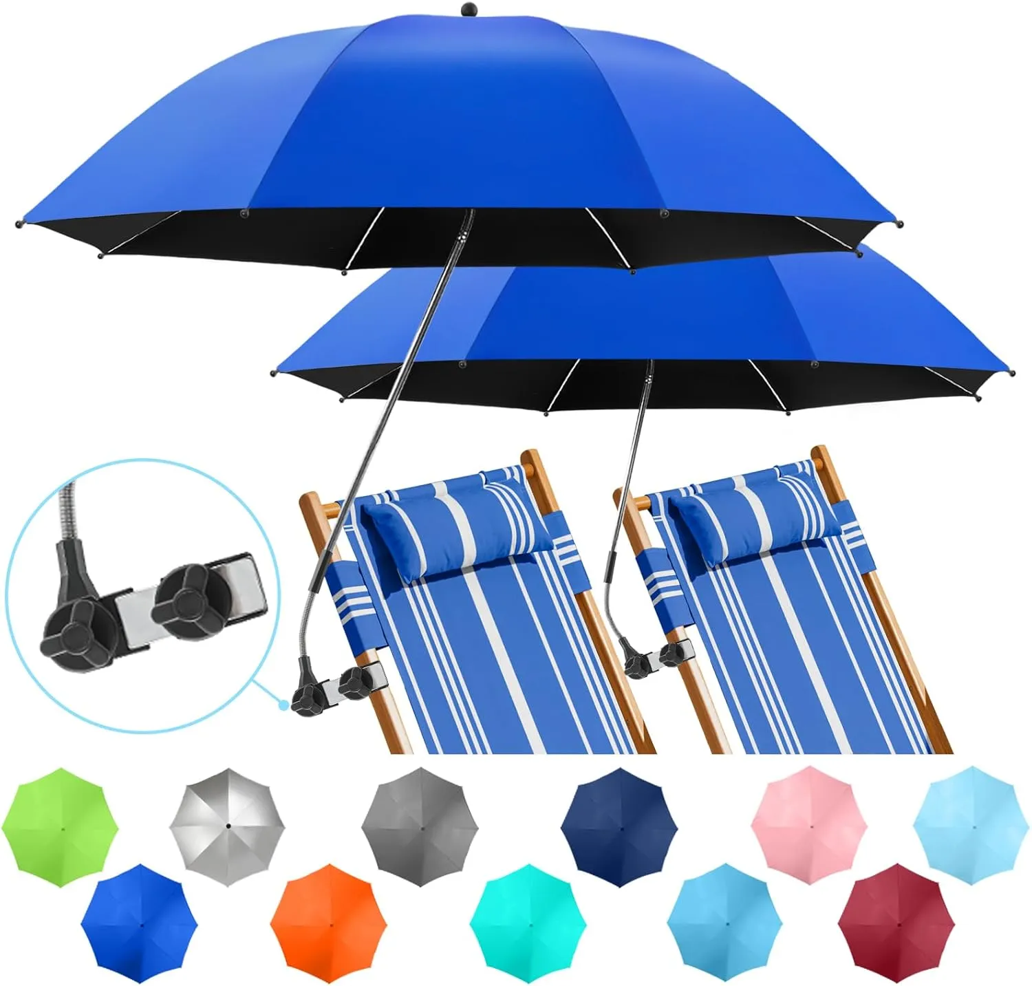 2 PACK Beach Umbrella with Clamp, 360 ° Adjustable Umbrellas for Chair, UPF50  Umbrella for Beach Chair, Patio Chair, Wheelchair, Camping Chair, Golf Carts (Chair Not Included)