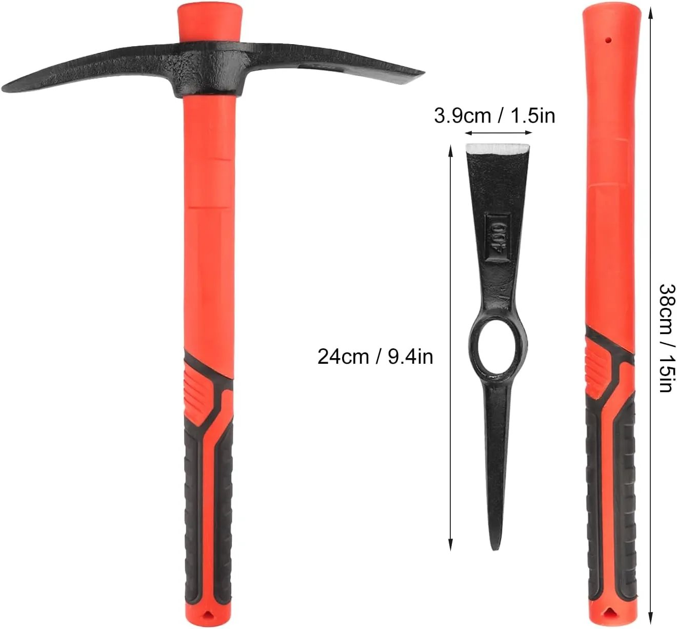 2 PCS 15 Inch Pick Mattock Hoe, Forged Weeding Garden Pick Axe with Fiberglass Handle, Pick Mattock Hoe for Loosening Soil, Gardening, Camping, by GENHAKON.