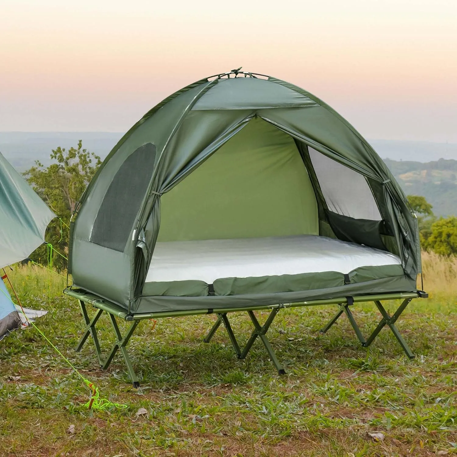 2 Person Camping Cot with Tent & Air Mattress, 4-in-1 Portable Foldable Elevated Bed for Adults, Outdoor Hiking Backpacking, Includes Pump & Bedspread, 76" x 57" Dark Green (76x57)