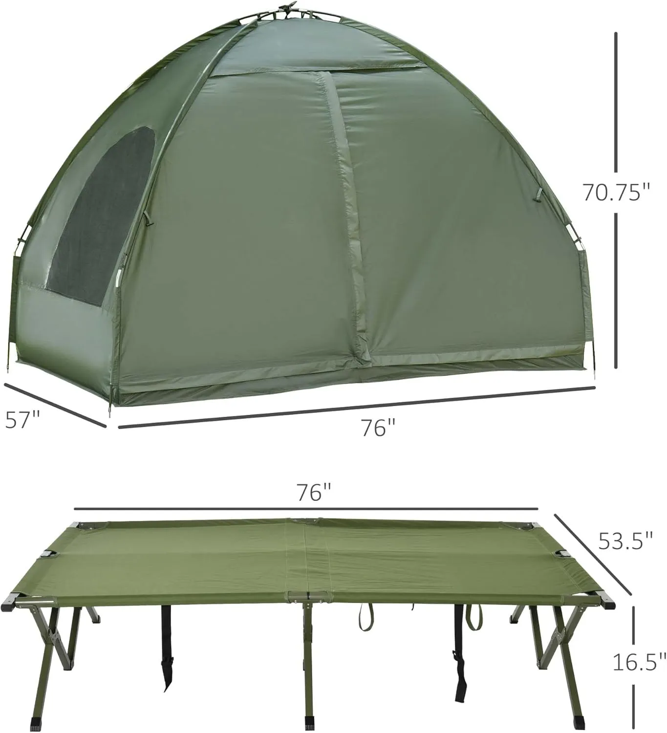 2 Person Camping Cot with Tent & Air Mattress, 4-in-1 Portable Foldable Elevated Bed for Adults, Outdoor Hiking Backpacking, Includes Pump & Bedspread, 76" x 57" Dark Green (76x57)