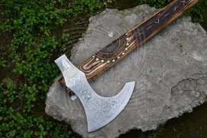 24-Inch Viking Battle Axe, Hand Forged 5160 High Carbon Steel Blade, Engraved Wood Handle, Decorative Norse Design, Viking Axe