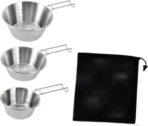 3 Pieces Camping Bowls Set 304 Stainless Steel Tableware for Travel Hiking BBQ Kitchen- Folding Handle