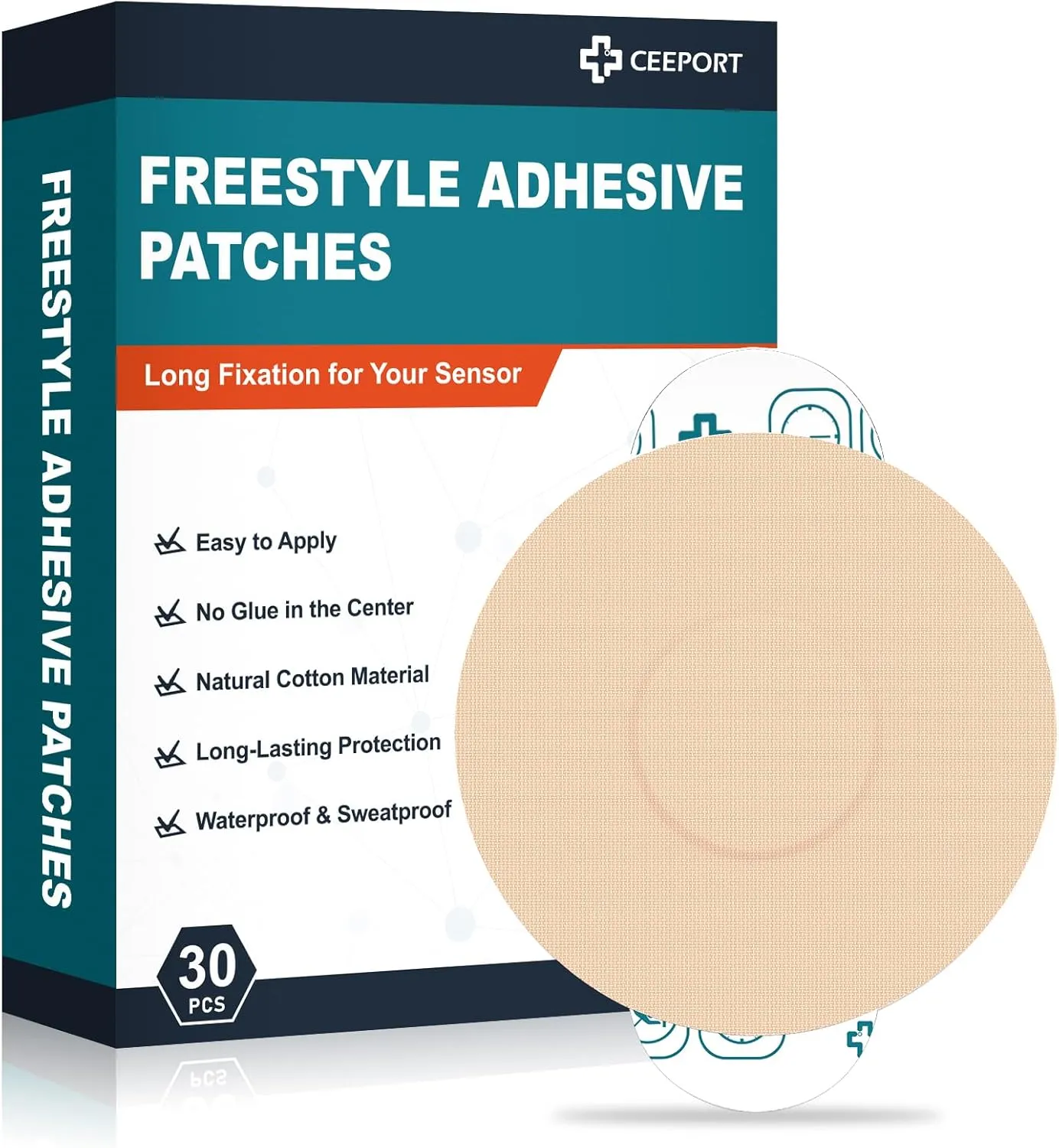 30 Pack Freestyle Adhesive Patches, Sensor Covers Intended for Freestyle Libre 2/3-Enlite-Medtronic Guardian, CGM Sensor Patches, No Glue in The Center, Long Fixation for Your Sensor(Tan)