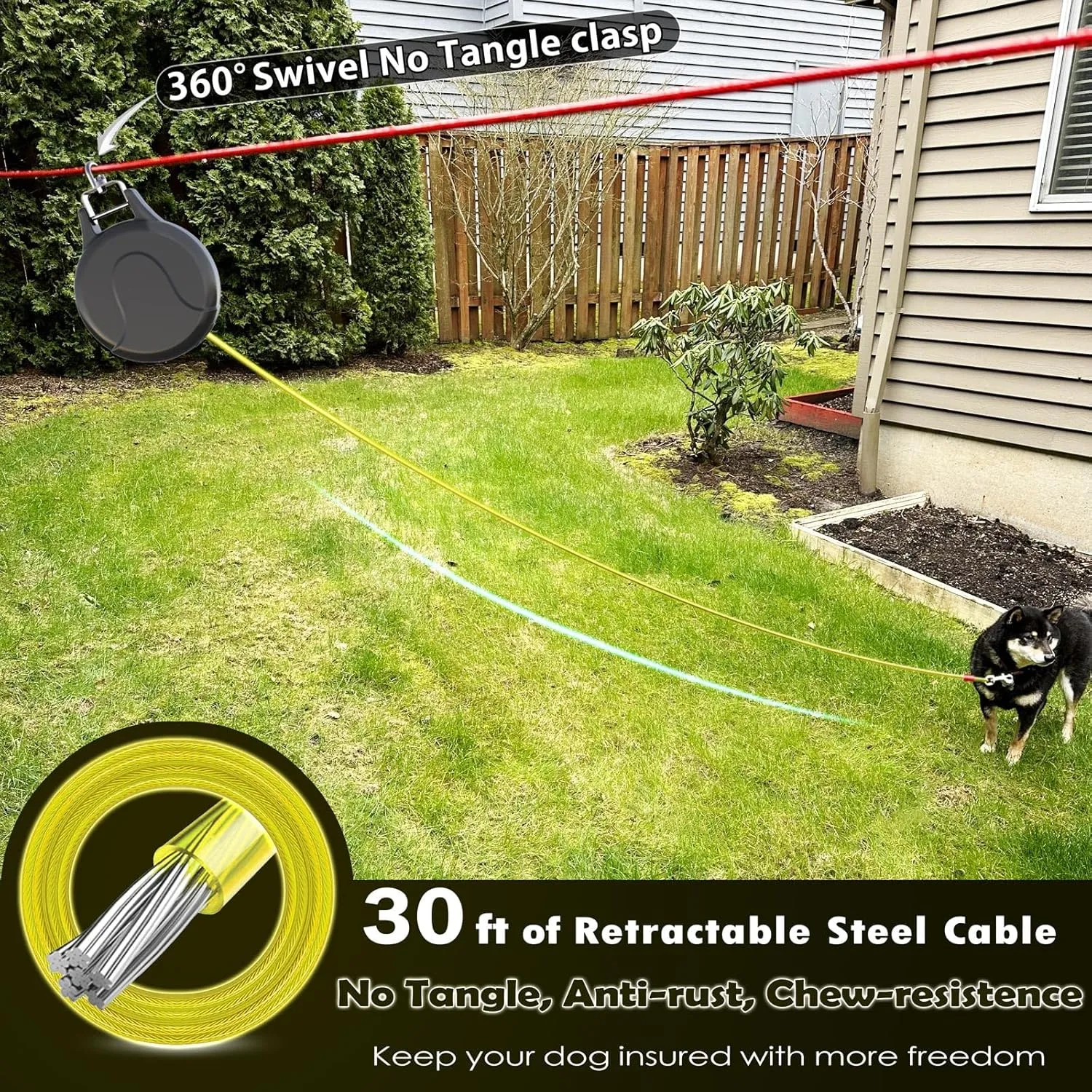 30ft Retractable Dog Leash, 2-in-1 Retractable Dog Tie Out Cable for Zipline, Aerial Run Cable Trolley Or Stake Anchor, No Tangle Lead Reel for Camping Or Yard (1 Pack)