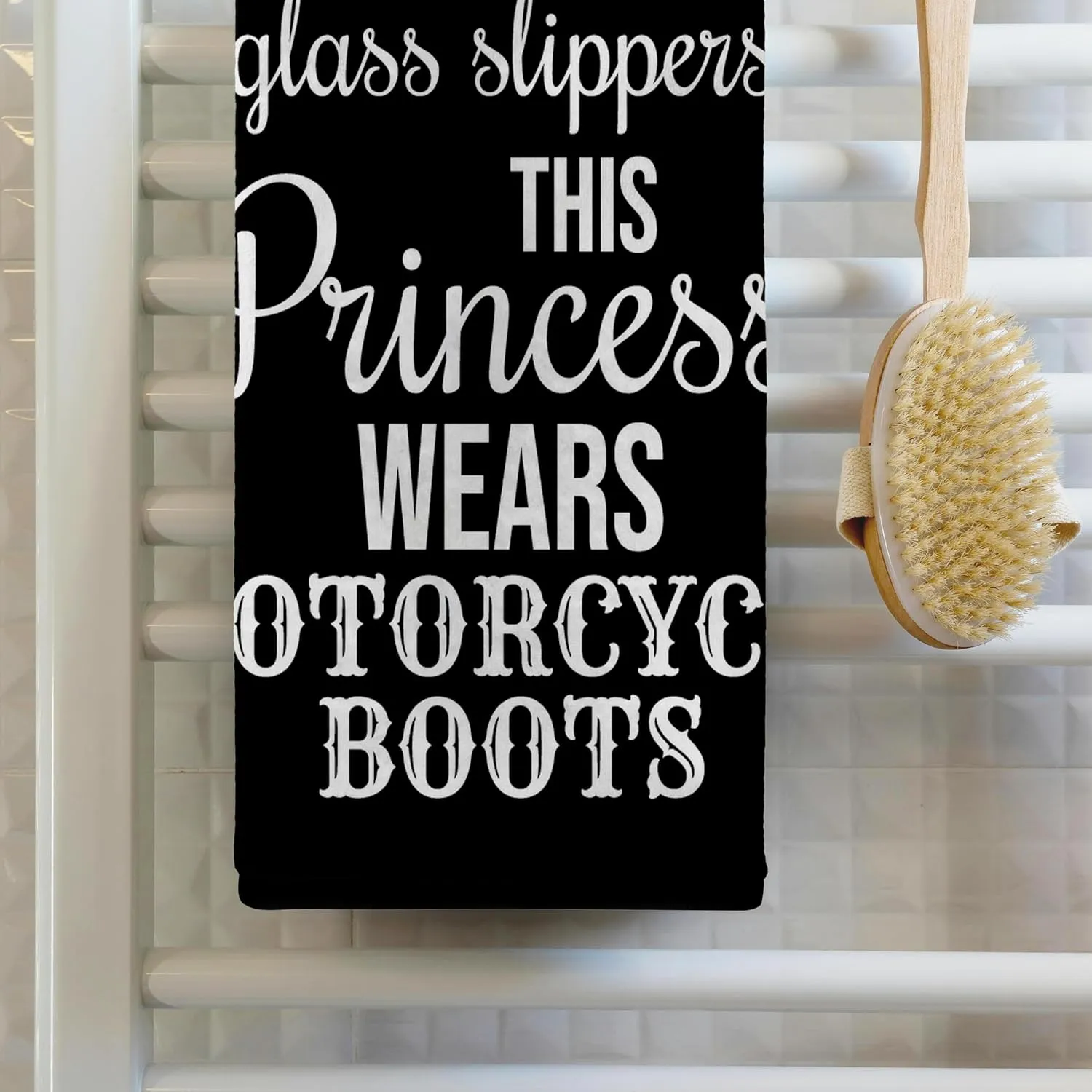 3dRose 22x30 Bath Hand Pool Towel - Forget Glass Slippers This Princess Wears Motorcycle Boots on Black. Stamp City - Typography