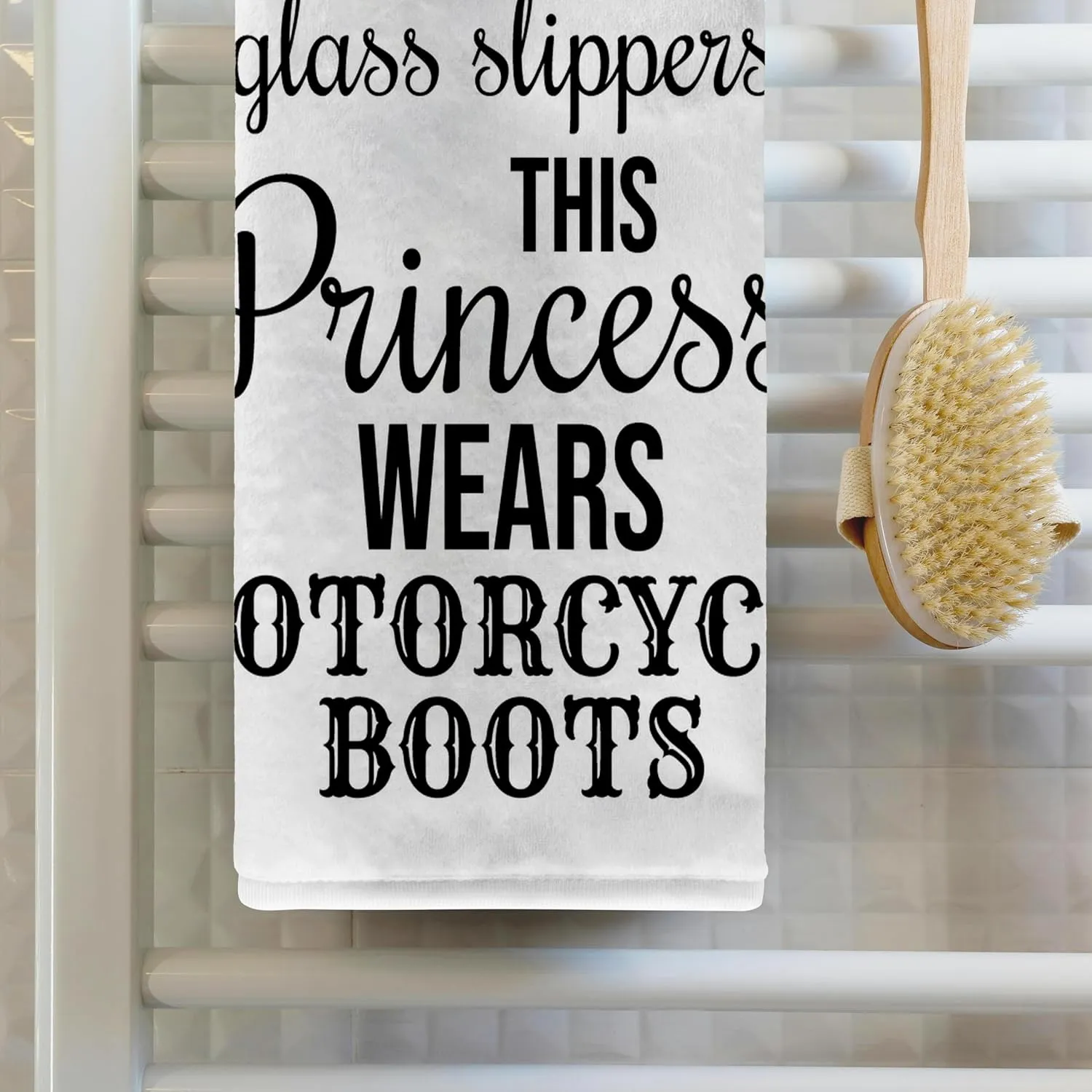 3dRose 22x30 Bath Hand Pool Towel - Forget Glass Slippers This Princess Wears Motorcycle Boots on White. Stamp City - Typography
