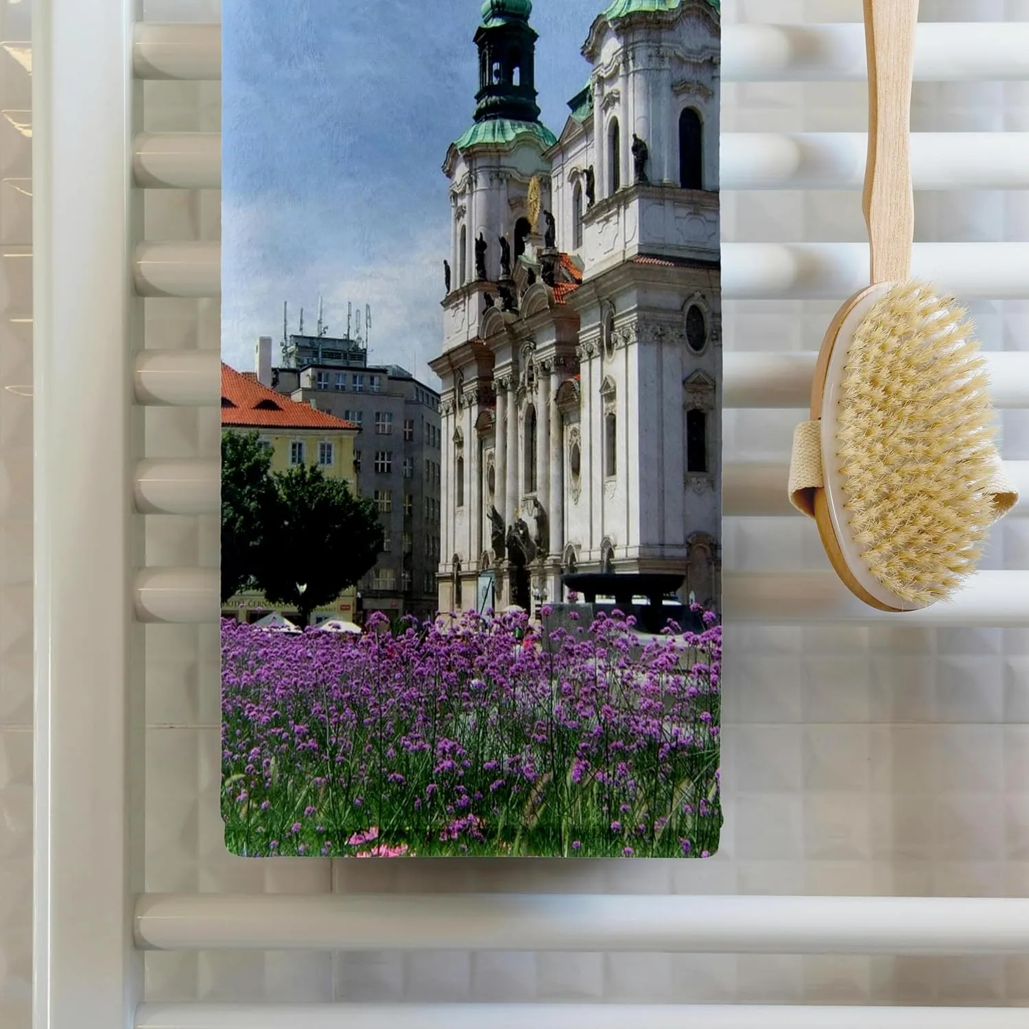 3dRose 22x30 Bath Hand Pool Towel - Prague, Czech Republic Travel Souvenir - Church of St. Nicholas in Old Town Square - Purple Flowers Photography
