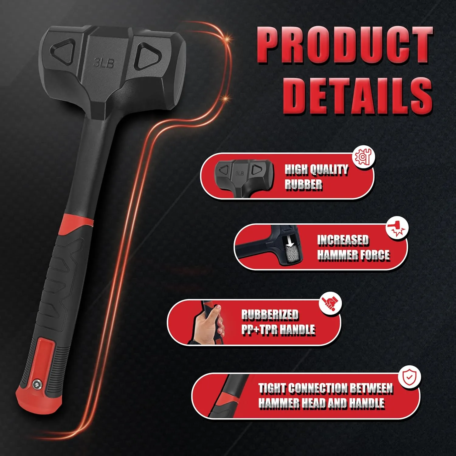 3LB(48oz) Dead Blow Hammer-Heavy Duty,One-Piece Forged Carbon Steel Construction,Rubber Mallet with Steel Ball-Filled Head,Anti-Vibration Grip for Precision&Control,Ideal for DIY,Automotive