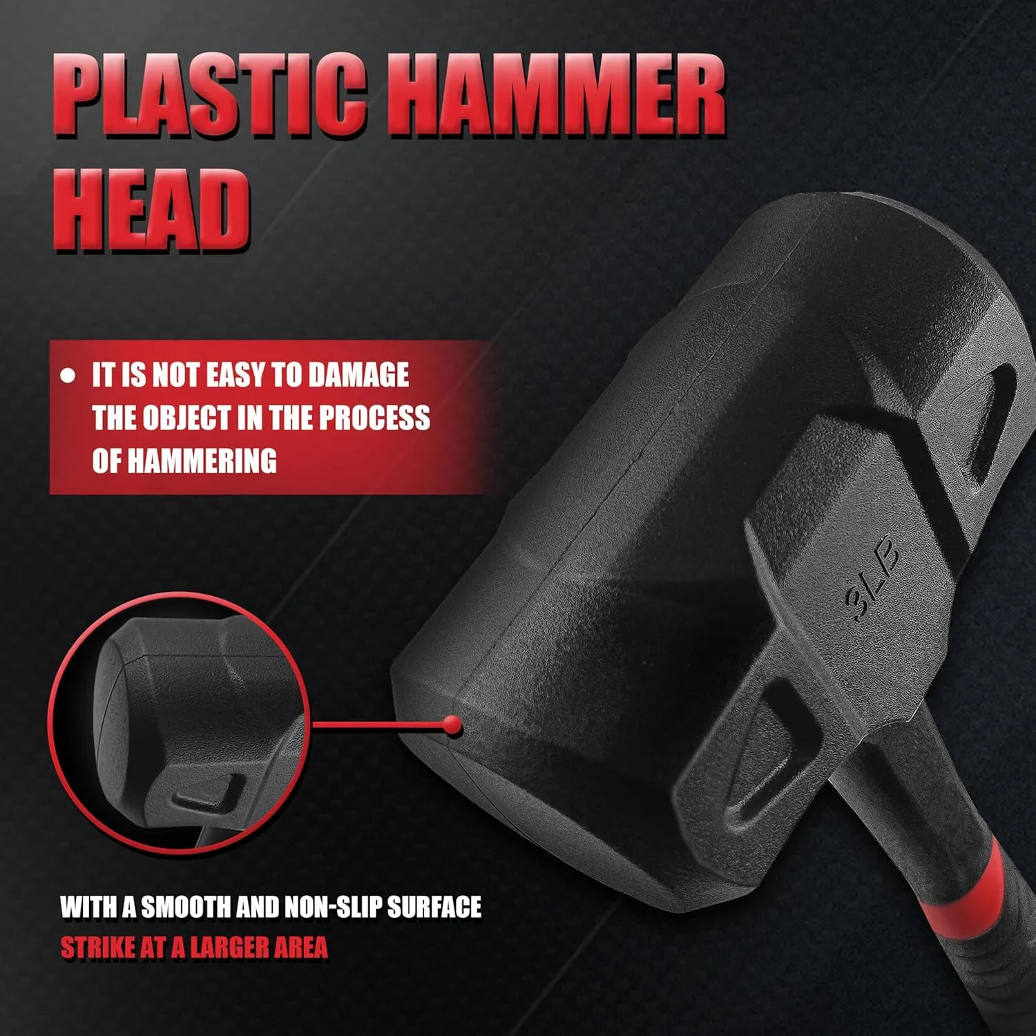 3LB(48oz) Dead Blow Hammer-Heavy Duty,One-Piece Forged Carbon Steel Construction,Rubber Mallet with Steel Ball-Filled Head,Anti-Vibration Grip for Precision&Control,Ideal for DIY,Automotive