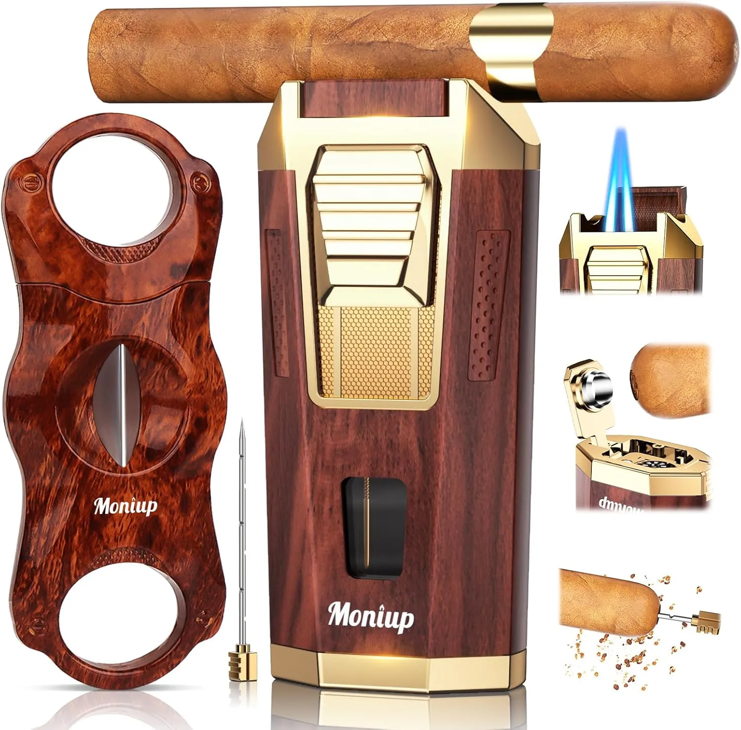 4-in-1 Torch Cigar Lighter, with Cigar V Cutter Set, Built-in Cigar Punch, Cigar Holder & Draw Enhancer, Cigar Accessories Gifts for Men, Dual Jet Flame Refillable Butane Lighters for Smoking, Travel