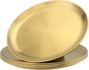 4 Pack 12 Inch Gold Stainless Steel Plates, Round Gold Metal Dinner Plates, Stainless Steel Serving Camping Plates for Home, Camping, Barbecue
