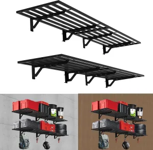 4 Pack Garage Wall Mounted Shelf System, 3.87'×1.64' Heavy Duty Steel storage Shelving with 12 Hooks, 4 shelves with stands 1200lbs, Black