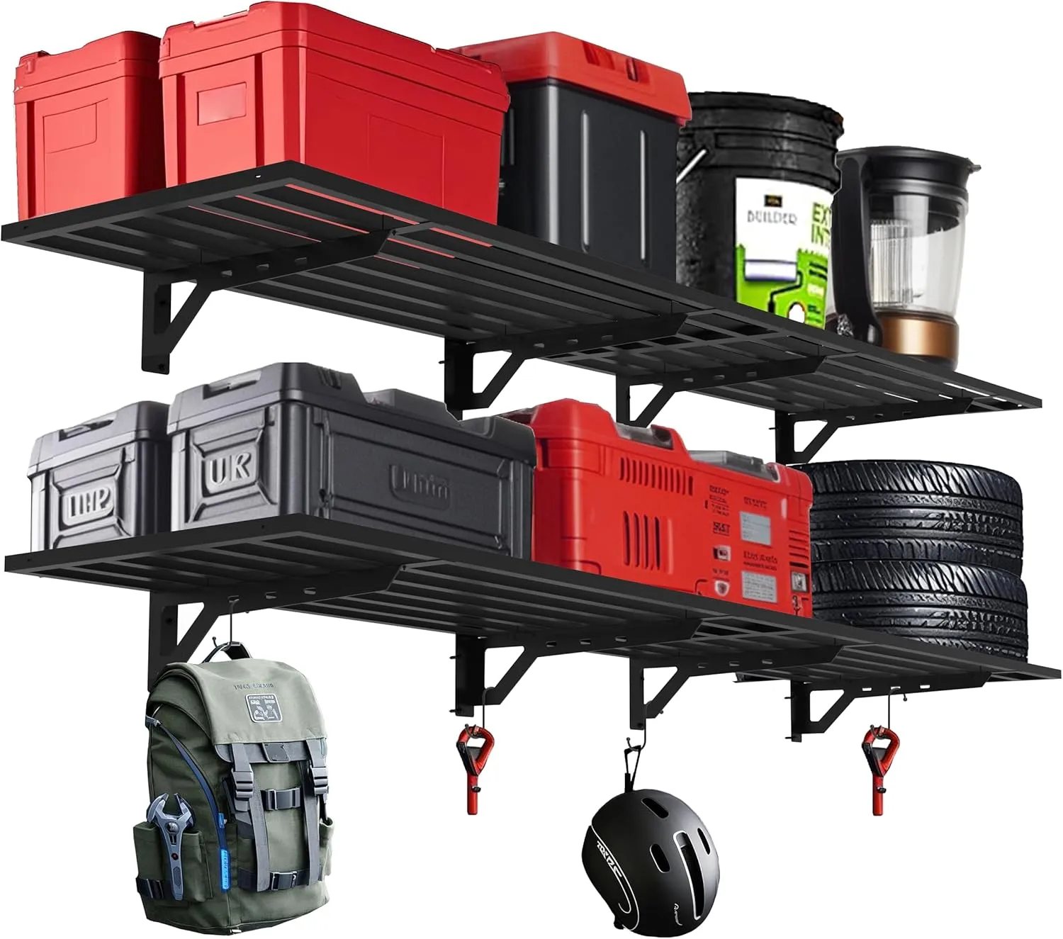 4 Pack Garage Wall Mounted Shelf System, 3.87'×1.64' Heavy Duty Steel storage Shelving with 12 Hooks, 4 shelves with stands 1200lbs, Black