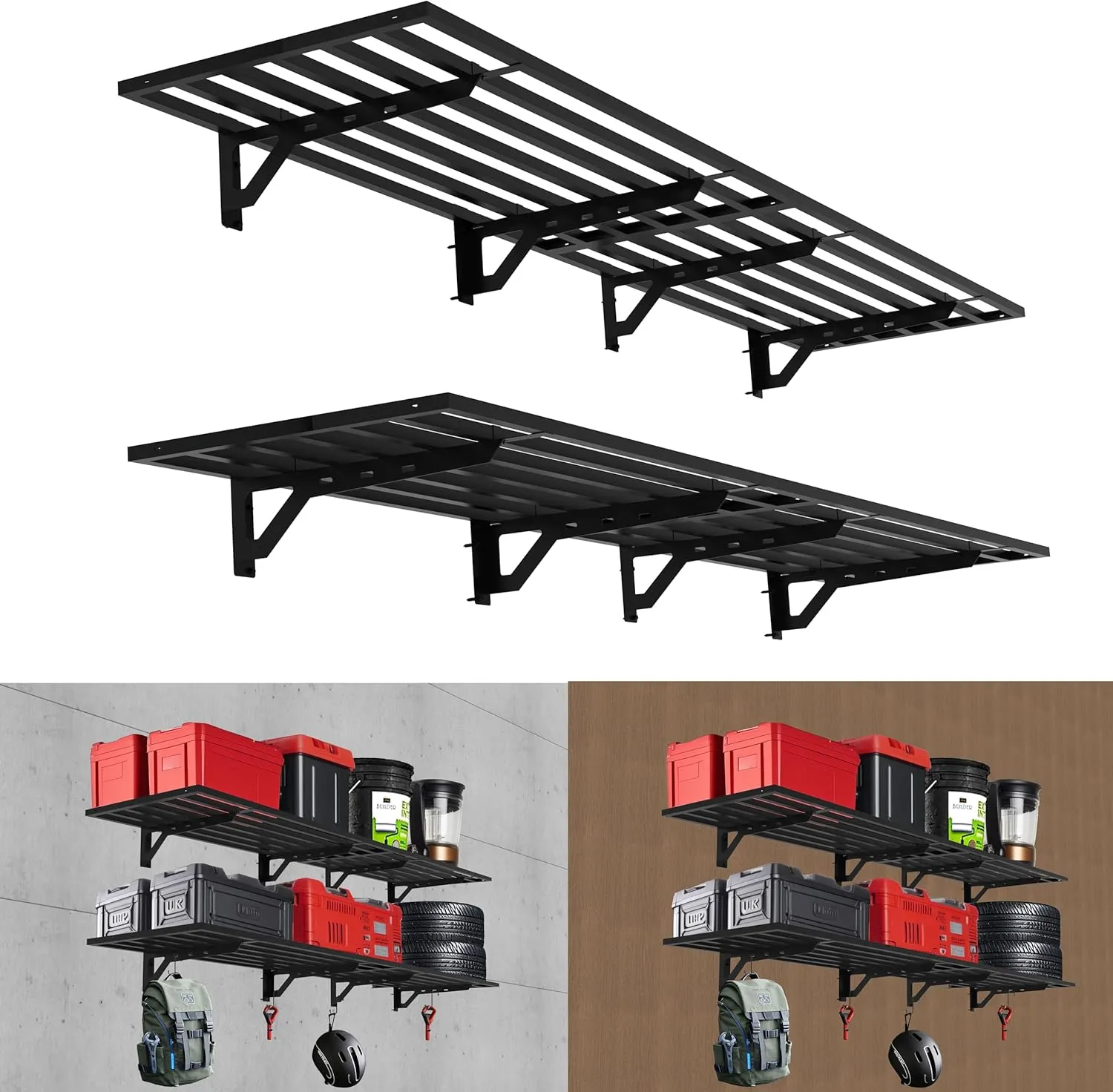 4 Pack Garage Wall Mounted Shelf System, 3.87'×1.64' Heavy Duty Steel storage Shelving with 12 Hooks, 4 shelves with stands 1200lbs, Black
