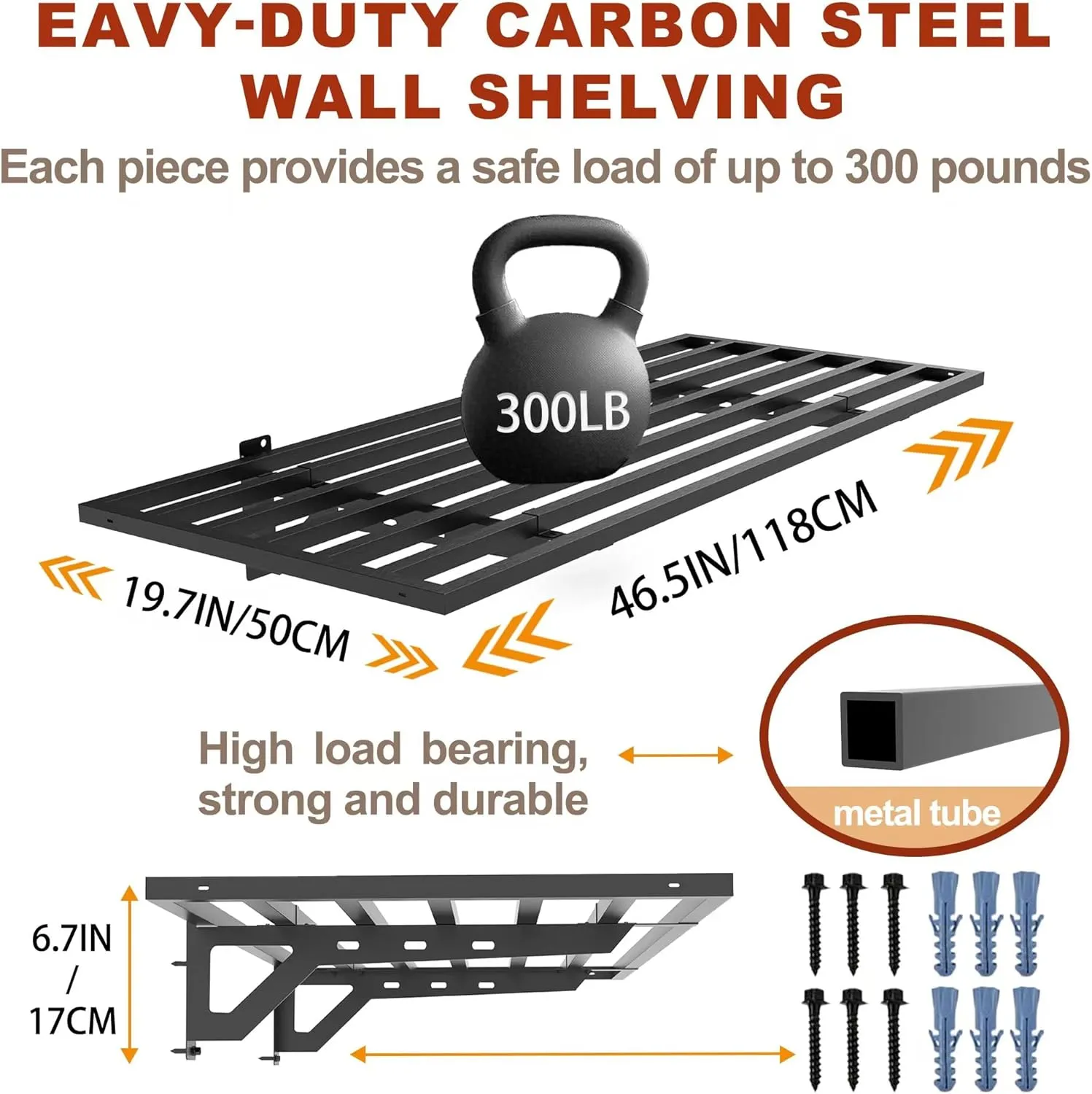 4 Pack Garage Wall Mounted Shelf System, 3.87'×1.64' Heavy Duty Steel storage Shelving with 12 Hooks, 4 shelves with stands 1200lbs, Black