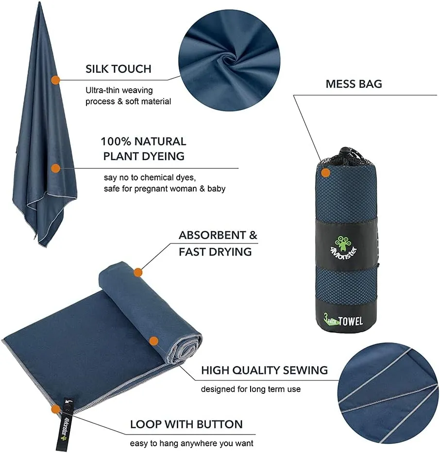 4Monster Camping Towels 3 Size at 1 Pack,Quick Dry Microfiber Towel,Beach Travel Towel Ultra Compact,Soft Gym Towel for Hiking Yoga Travel Sports Backpacking Trip and Pool