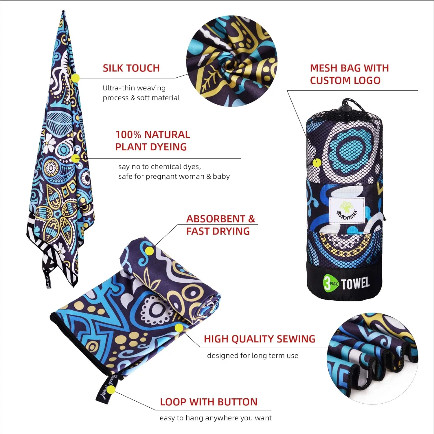 4Monster Camping Towels 3 Size at 1 Pack,Quick Dry Microfiber Towel,Beach Travel Towel Ultra Compact,Soft Gym Towel for Hiking Yoga Travel Sports Backpacking Trip and Pool
