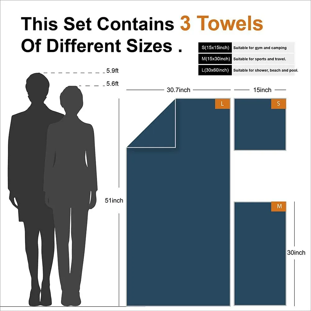 4Monster Camping Towels 3 Size at 1 Pack,Quick Dry Microfiber Towel,Beach Travel Towel Ultra Compact,Soft Gym Towel for Hiking Yoga Travel Sports Backpacking Trip and Pool