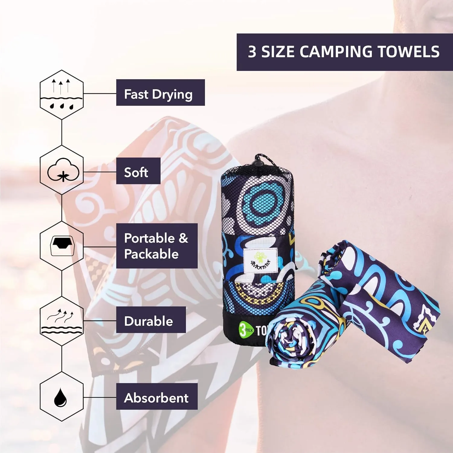 4Monster Camping Towels 3 Size at 1 Pack,Quick Dry Microfiber Towel,Beach Travel Towel Ultra Compact,Soft Gym Towel for Hiking Yoga Travel Sports Backpacking Trip and Pool